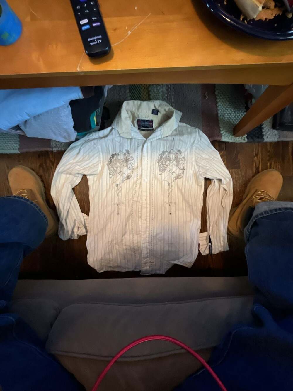 English Laundry Men's White Striped Graphic Filigree Long Sleeve Button Down Shi